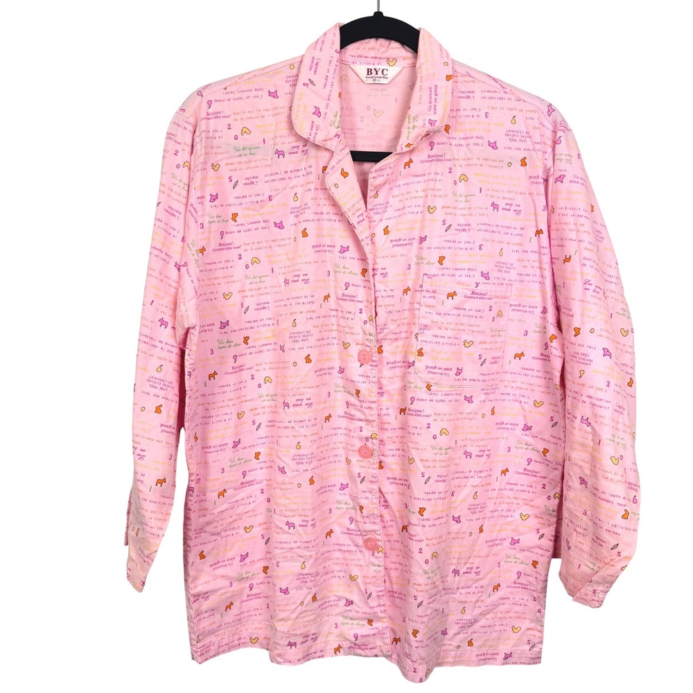 BYC Women L Pink Cartoon Character Pajama Top Sleep Shirt Button Up Long Sleeve